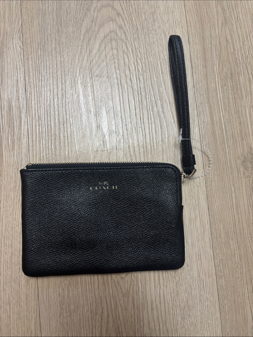 Coach Black Leather Wristlet Clutch with Gold Logo